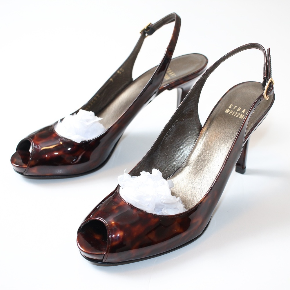 Stuart Weitzman Brown Tortoiseshell Slingback Peep-Toe Heels